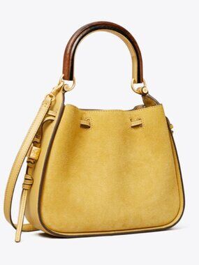 Tory Burch Miller Suede Cinch Bag Mustard Gold Bar Handle Crossbody